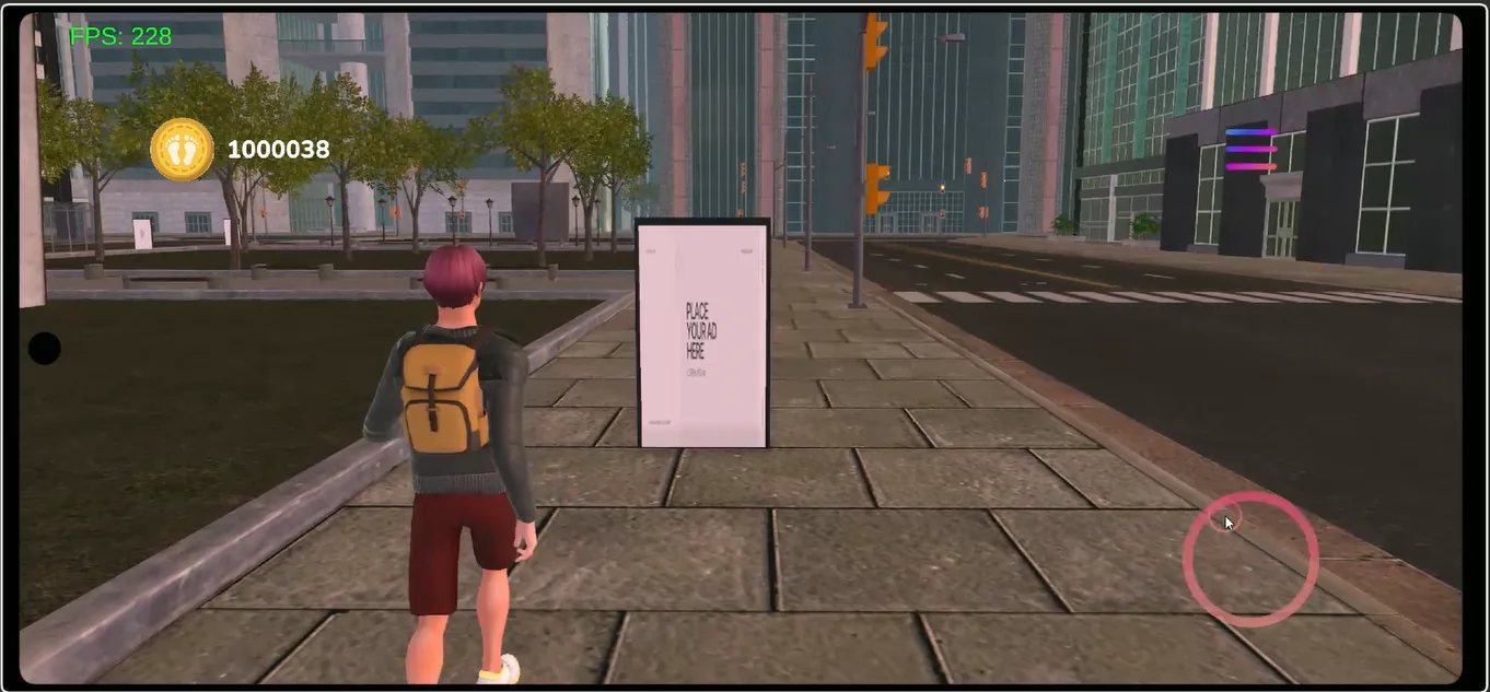 Avatar caminando por un espacio urbano tridimensional