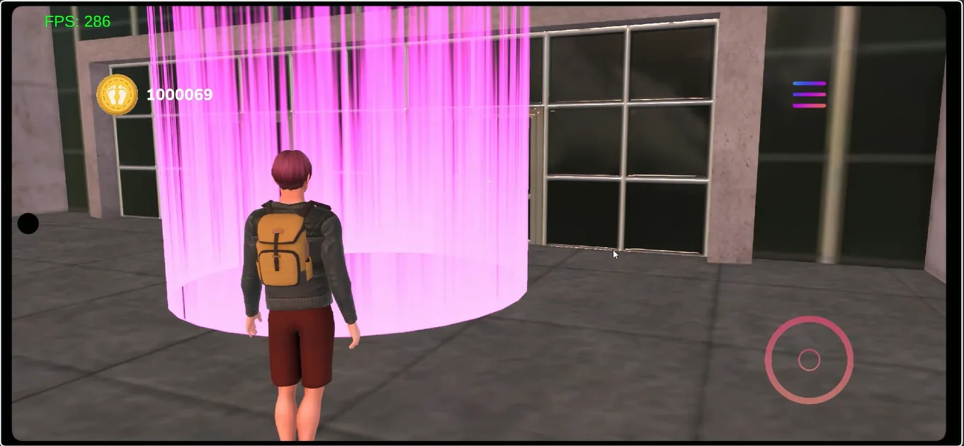 Avatar frente a un acceso iluminado a una propiedad virtual